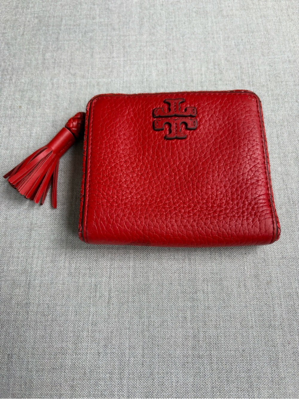 Tory Burch Red Pebbled Leather Zip Card Wallet with Tassel